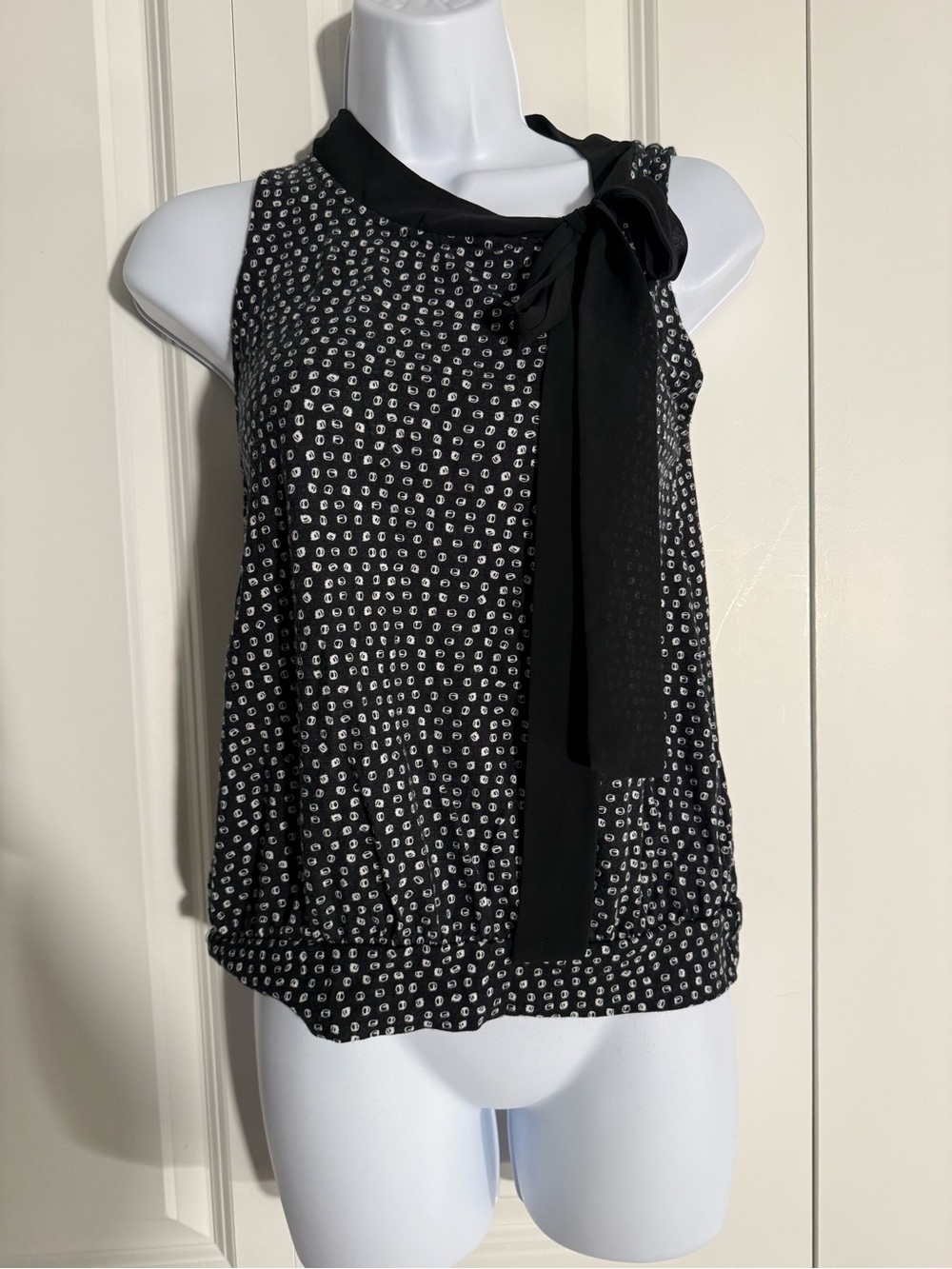 Deletta Black and White Dot-Print Sleeveless Tie-Neck Camisole